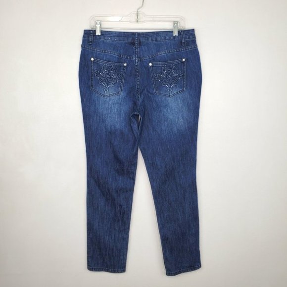 Christopher & Banks Dark Wash Whiskering Fading Stretchy Denim Jeans, Size 10 - Picture 5 of 11